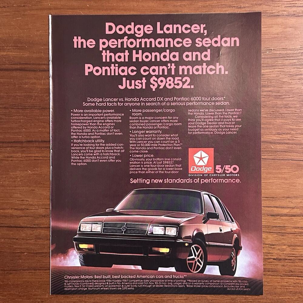 1986 Dodge Lancer Vintage Advertisement Print Art Car Ad